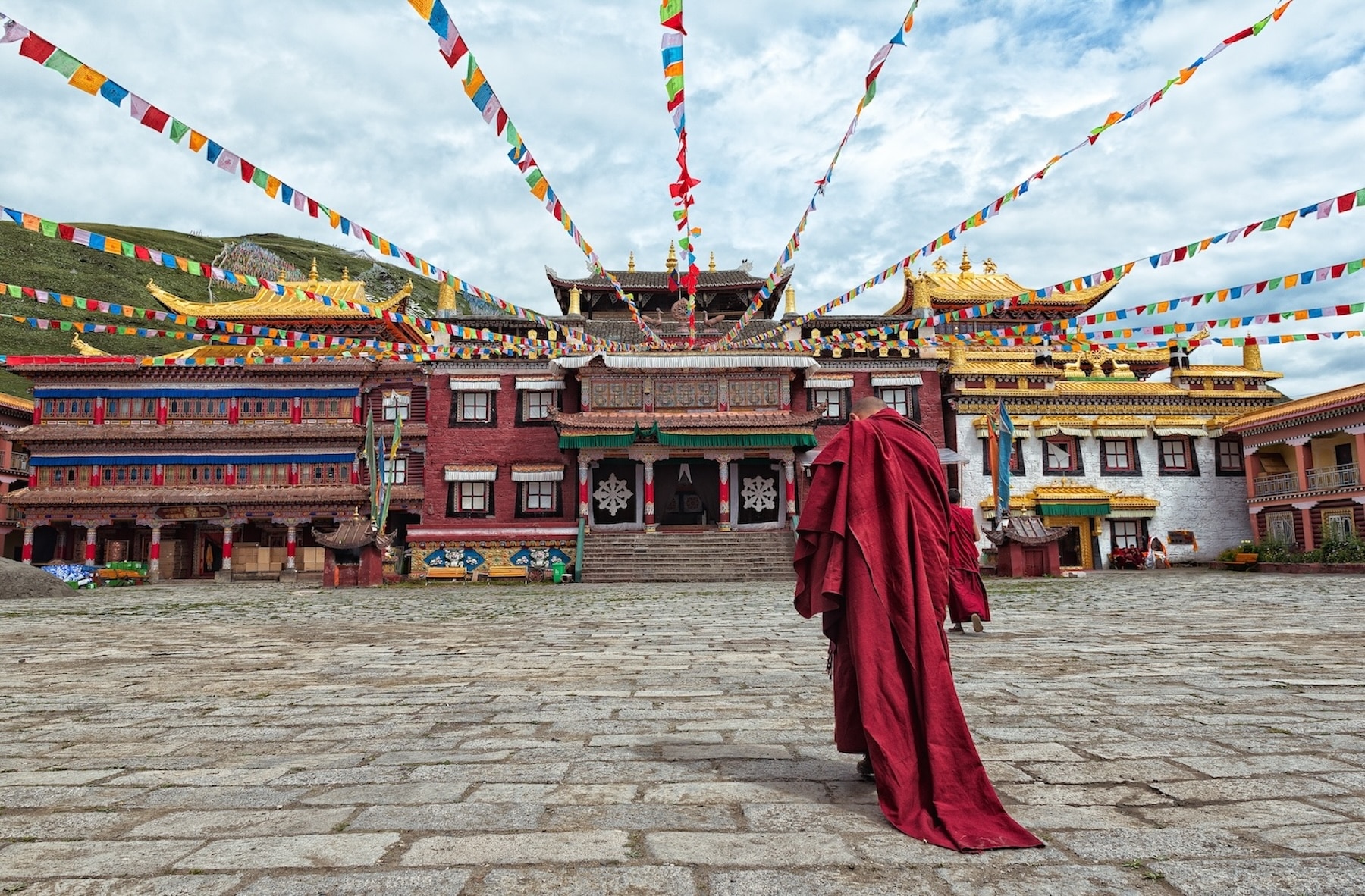 Lama,Going,Towards,The,Temple